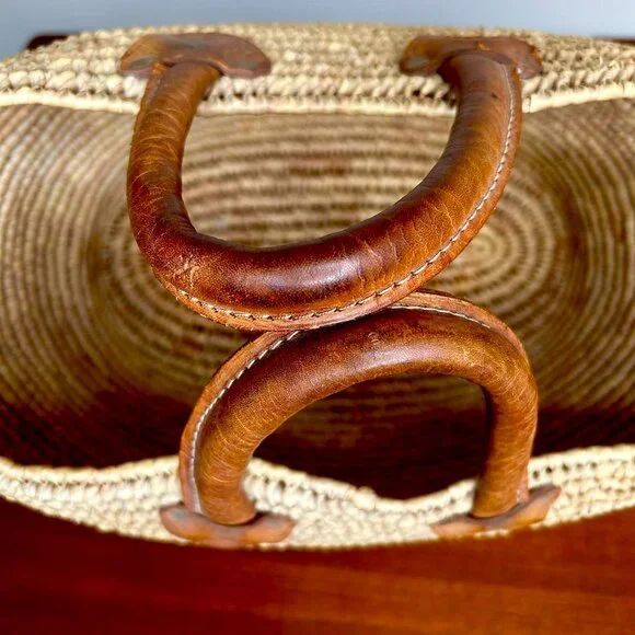 Vintage Leather Handled Handwoven Moroccan Basket Tote
